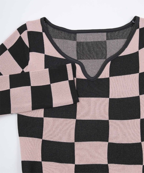miette（ミエット）の「ハートネックチェッカー柄ショートトップス（ニット/セーター・レディース・オフホワイト/ブルー/グリーン/ピンク・FREE）」の5枚目の写真