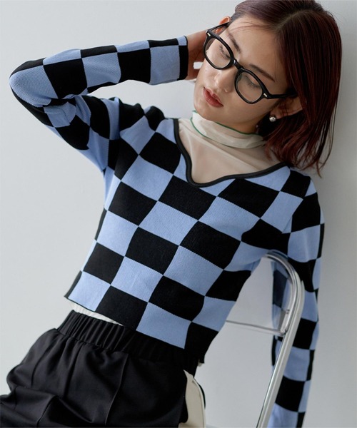 miette（ミエット）の「ハートネックチェッカー柄ショートトップス（ニット/セーター・レディース・オフホワイト/ブルー/グリーン/ピンク・FREE）」の18枚目の写真