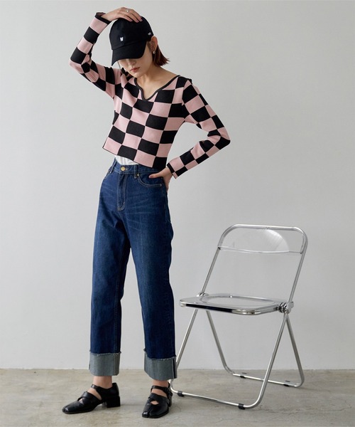 miette（ミエット）の「ハートネックチェッカー柄ショートトップス（ニット/セーター・レディース・オフホワイト/ブルー/グリーン/ピンク・FREE）」の20枚目の写真