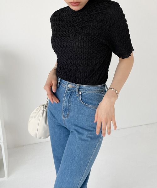 Meli rich（メリーリッチ）の「ポコポコジャガード半袖プルオーバー（Tシャツ/カットソー・レディース・ライトベージュ/ブラック/グリーン/オレンジ・MEDIUM）」の20枚目の写真