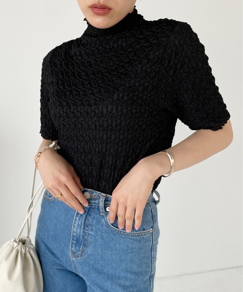 Meli rich（メリーリッチ）の「ポコポコジャガード半袖プルオーバー（Tシャツ/カットソー・レディース・ライトベージュ/ブラック/グリーン/オレンジ・MEDIUM）」の5枚目の写真