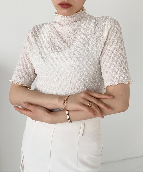 Meli rich（メリーリッチ）の「ポコポコジャガード半袖プルオーバー（Tシャツ/カットソー・レディース・ライトベージュ/ブラック/グリーン/オレンジ・MEDIUM）」の7枚目の写真