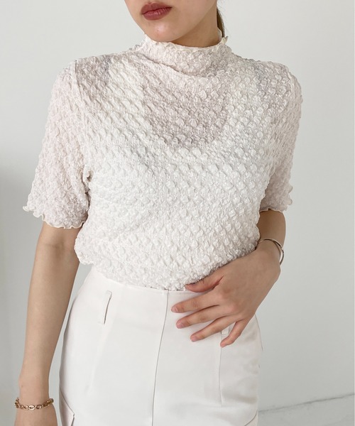 Meli rich（メリーリッチ）の「ポコポコジャガード半袖プルオーバー（Tシャツ/カットソー・レディース・ライトベージュ/ブラック/グリーン/オレンジ・MEDIUM）」の8枚目の写真