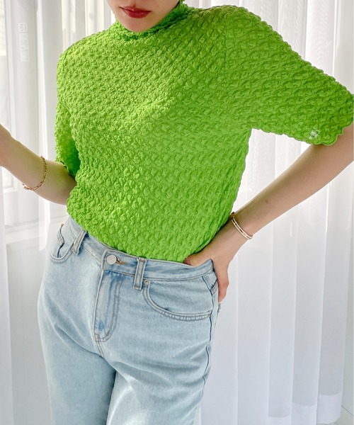 Meli rich（メリーリッチ）の「ポコポコジャガード半袖プルオーバー（Tシャツ/カットソー・レディース・ライトベージュ/ブラック/グリーン/オレンジ・MEDIUM）」の13枚目の写真