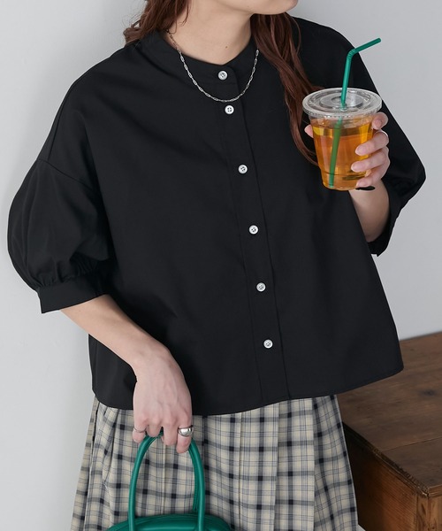 BONLECILL（ボンルシール）の「アソート柄 ボリュームスリーブバンドカラー半袖シャツ（シャツ/ブラウス・レディース・オフホワイト/ネイビー系/ブラック/ブラック系/オレンジ/ネイビー系1/ブラック系1/ブルー/ネイビー系2/ホワイト系1/ブラック系3/ブラック系2/ネイビー系3・FREE/S）」の7枚目の写真