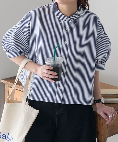 BONLECILL（ボンルシール）の「アソート柄 ボリュームスリーブバンドカラー半袖シャツ（シャツ/ブラウス・レディース・オフホワイト/ネイビー系/ブラック/ブラック系/オレンジ/ネイビー系1/ブラック系1/ブルー/ネイビー系2/ホワイト系1/ブラック系3/ブラック系2/ネイビー系3・FREE/S）」の12枚目の写真