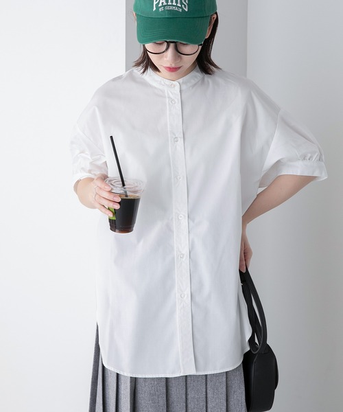 BONLECILL（ボンルシール）の「アソート柄 ボリュームスリーブバンドカラー半袖シャツ（シャツ/ブラウス・レディース・オフホワイト/ネイビー系/ブラック/ブラック系/オレンジ/ネイビー系1/ブラック系1/ブルー/ネイビー系2/ホワイト系1/ブラック系3/ブラック系2/ネイビー系3・FREE/S）」の21枚目の写真