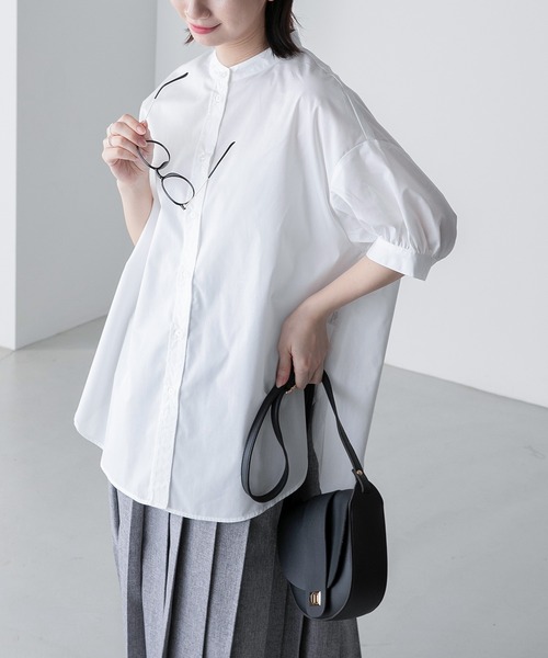 BONLECILL（ボンルシール）の「アソート柄 ボリュームスリーブバンドカラー半袖シャツ（シャツ/ブラウス・レディース・オフホワイト/ネイビー系/ブラック/ブラック系/オレンジ/ネイビー系1/ブラック系1/ブルー/ネイビー系2/ホワイト系1/ブラック系3/ブラック系2/ネイビー系3・FREE/S）」の15枚目の写真