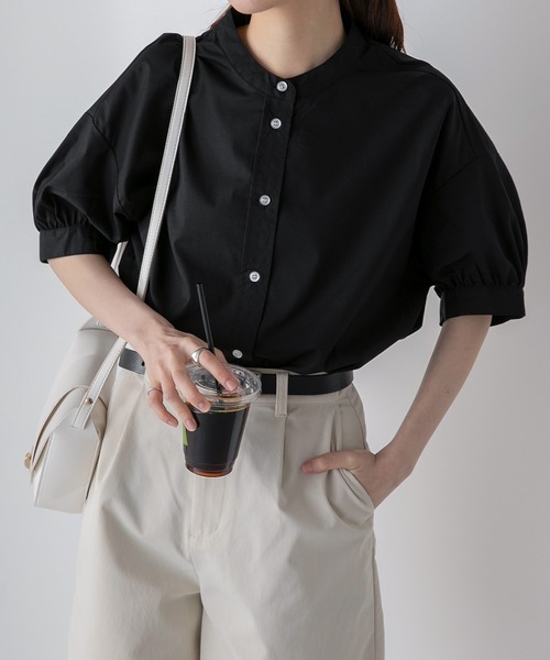 BONLECILL（ボンルシール）の「アソート柄 ボリュームスリーブバンドカラー半袖シャツ（シャツ/ブラウス・レディース・オフホワイト/ネイビー系/ブラック/ブラック系/オレンジ/ネイビー系1/ブラック系1/ブルー/ネイビー系2/ホワイト系1/ブラック系3/ブラック系2/ネイビー系3・FREE/S）」の22枚目の写真