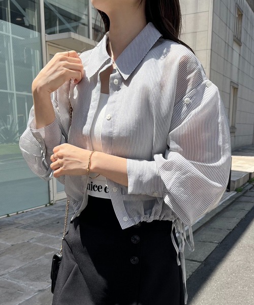 one after another NICE CLAUP(ワンアフターアナザーナイスクラップ)の「マルチWAY/シアーショートシャツ(シャツ/ブラウス・レディース・サックスブルー/ホワイト×ブラック/オフホワイト/ピンク・FREE)」の3枚目の写真