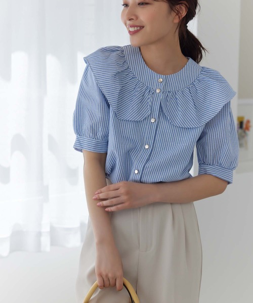 Edit Sheen（エディットシーン）の「フリルカラーストライプ半袖ブラウス（シャツ/ブラウス・レディース・ブラック/ブルー・M）」の14枚目の写真