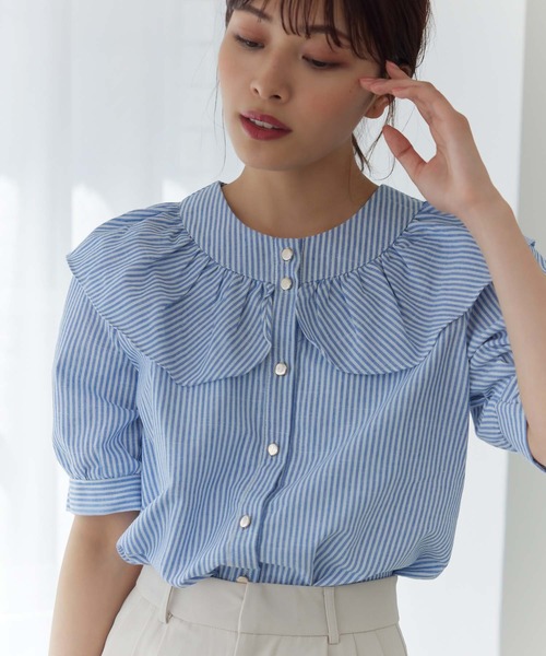 Edit Sheen（エディットシーン）の「フリルカラーストライプ半袖ブラウス（シャツ/ブラウス・レディース・ブラック/ブルー・M）」の12枚目の写真