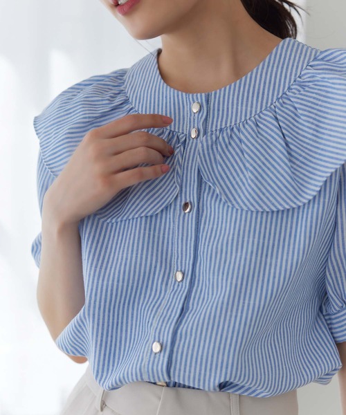 Edit Sheen（エディットシーン）の「フリルカラーストライプ半袖ブラウス（シャツ/ブラウス・レディース・ブラック/ブルー・M）」の9枚目の写真