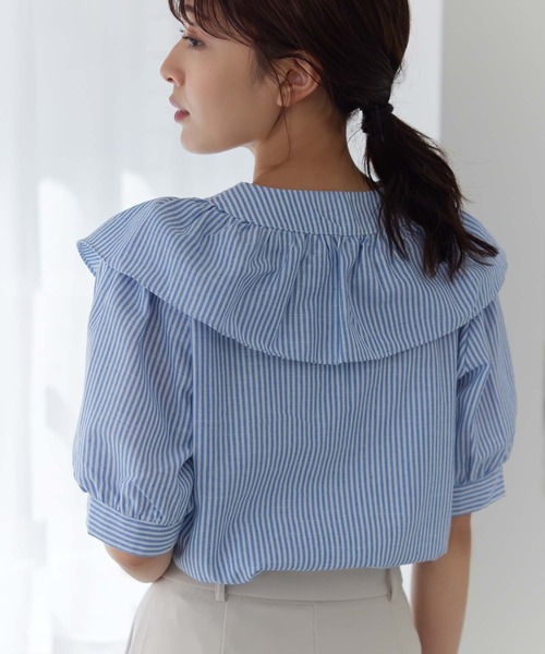 Edit Sheen（エディットシーン）の「フリルカラーストライプ半袖ブラウス（シャツ/ブラウス・レディース・ブラック/ブルー・M）」の18枚目の写真