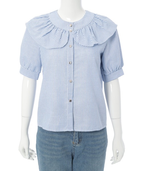 Edit Sheen（エディットシーン）の「フリルカラーストライプ半袖ブラウス（シャツ/ブラウス・レディース・ブラック/ブルー・M）」の19枚目の写真