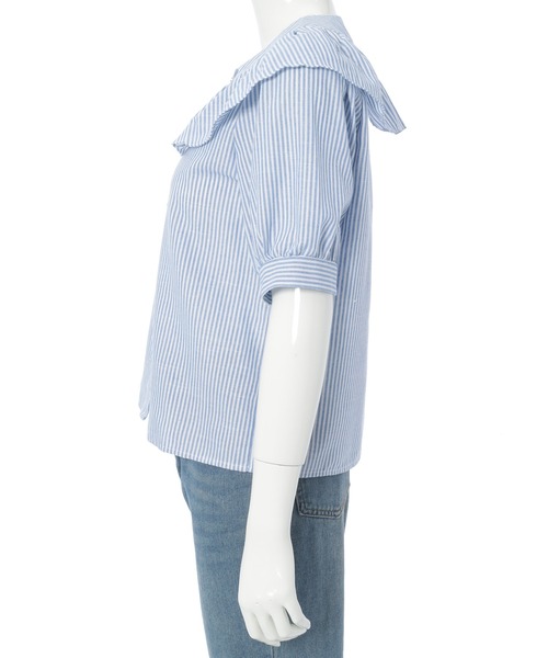 Edit Sheen（エディットシーン）の「フリルカラーストライプ半袖ブラウス（シャツ/ブラウス・レディース・ブラック/ブルー・M）」の13枚目の写真