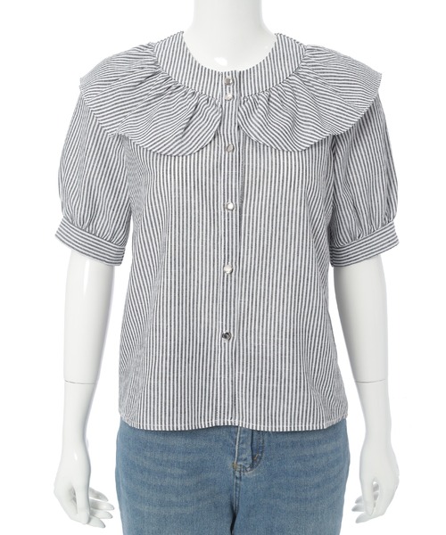 Edit Sheen（エディットシーン）の「フリルカラーストライプ半袖ブラウス（シャツ/ブラウス・レディース・ブラック/ブルー・M）」の20枚目の写真