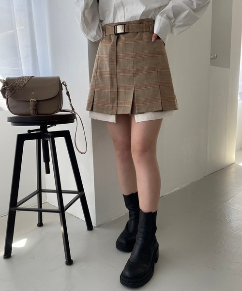 one after another NICE CLAUP(ワンアフターアナザーナイスクラップ)の「プリーツガチャベルトスカート/セットアップアイテムあり(スカート・レディース・チェック/杢グレー/アイボリー/ブラック・FREE)」の4枚目の写真