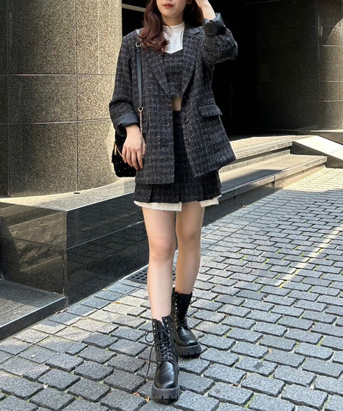 one after another NICE CLAUP(ワンアフターアナザーナイスクラップ)の「プリーツガチャベルトスカート/セットアップアイテムあり(スカート・レディース・チェック/杢グレー/アイボリー/ブラック・FREE)」の13枚目の写真