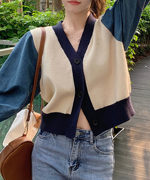 c.u.l（シーユーエル）の「ニット×デニムカーディガン culw547（カーディガン/ボレロ・レディース・アイボリー/グレー・FREE）」の2枚目の写真