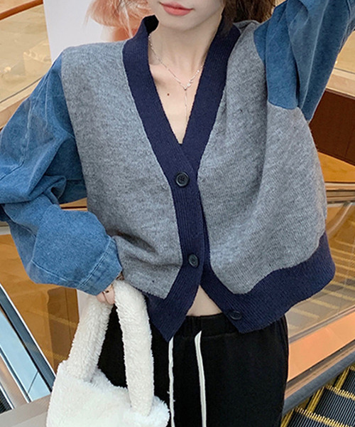 c.u.l（シーユーエル）の「ニット×デニムカーディガン culw547（カーディガン/ボレロ・レディース・アイボリー/グレー・FREE）」の3枚目の写真