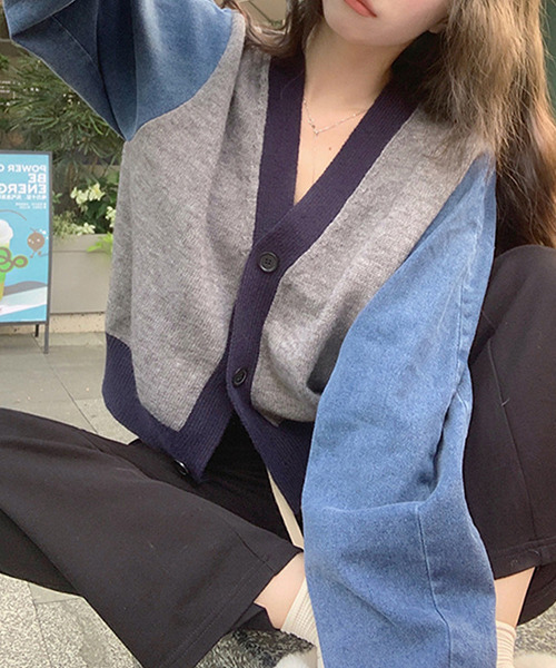 c.u.l（シーユーエル）の「ニット×デニムカーディガン culw547（カーディガン/ボレロ・レディース・アイボリー/グレー・FREE）」の6枚目の写真