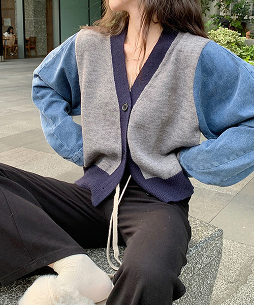 c.u.l（シーユーエル）の「ニット×デニムカーディガン culw547（カーディガン/ボレロ・レディース・アイボリー/グレー・FREE）」の7枚目の写真