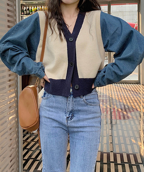 c.u.l（シーユーエル）の「ニット×デニムカーディガン culw547（カーディガン/ボレロ・レディース・アイボリー/グレー・FREE）」の8枚目の写真