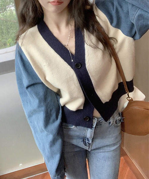 c.u.l（シーユーエル）の「ニット×デニムカーディガン culw547（カーディガン/ボレロ・レディース・アイボリー/グレー・FREE）」の10枚目の写真