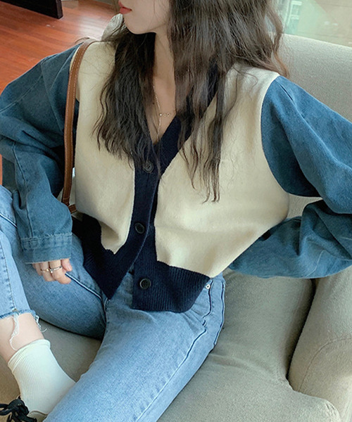 c.u.l（シーユーエル）の「ニット×デニムカーディガン culw547（カーディガン/ボレロ・レディース・アイボリー/グレー・FREE）」の11枚目の写真