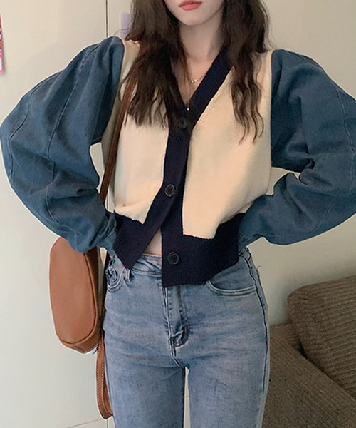 c.u.l（シーユーエル）の「ニット×デニムカーディガン culw547（カーディガン/ボレロ・レディース・アイボリー/グレー・FREE）」の12枚目の写真