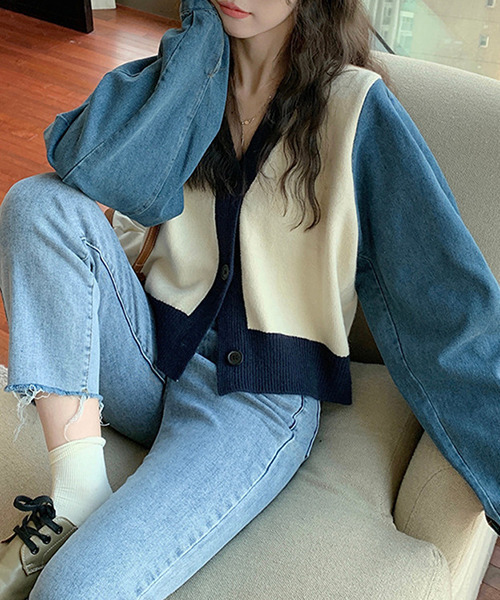 c.u.l（シーユーエル）の「ニット×デニムカーディガン culw547（カーディガン/ボレロ・レディース・アイボリー/グレー・FREE）」の13枚目の写真