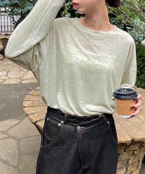 Chillfar(チルファー)の「スラブシアートップス(Tシャツ/カットソー・レディース・グレー/ブルー/ホワイト/ピンク/ブラック/オートミール/ライトブルー/ターコイズブルー/ネイビー/イエロー/レッド/ダークブルー・FREE)」の4枚目の写真