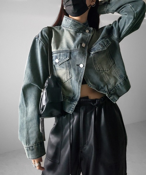 me+em select（ミームセレクト）の「※※【 ２color 】スタンドカラーヴィンテージデニムジャケット（デニムジャケット・レディース・ダークブルー/ライトブルー・FREE）」の4枚目の写真