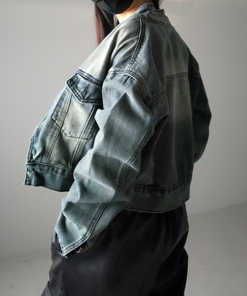 me+em select（ミームセレクト）の「※※【 ２color 】スタンドカラーヴィンテージデニムジャケット（デニムジャケット・レディース・ダークブルー/ライトブルー・FREE）」の5枚目の写真