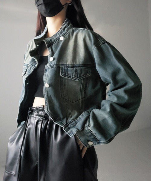 me+em select（ミームセレクト）の「※※【 ２color 】スタンドカラーヴィンテージデニムジャケット（デニムジャケット・レディース・ダークブルー/ライトブルー・FREE）」の6枚目の写真