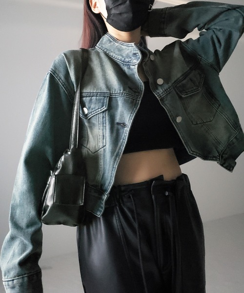 me+em select（ミームセレクト）の「※※【 ２color 】スタンドカラーヴィンテージデニムジャケット（デニムジャケット・レディース・ダークブルー/ライトブルー・FREE）」の7枚目の写真