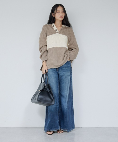 GALLARDAGALANTE（ガリャルダガランテ）の「ラガーニット（ニット/セーター・レディース・ブラック/ベージュ・FREE）」の3枚目の写真