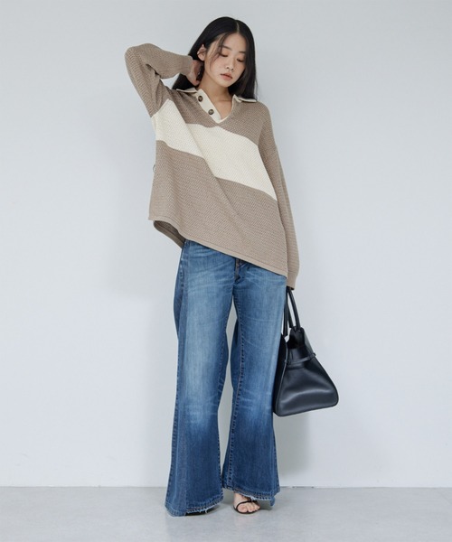 GALLARDAGALANTE（ガリャルダガランテ）の「ラガーニット（ニット/セーター・レディース・ブラック/ベージュ・FREE）」の4枚目の写真