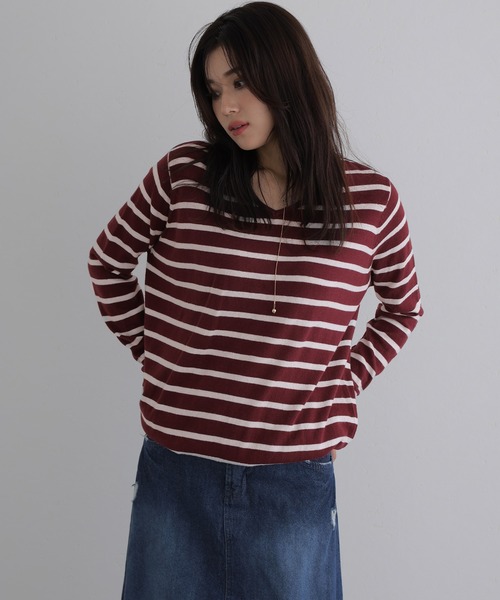 Vネックボーダーニット（ニット/セーター）｜ElegChic（エレグシック）