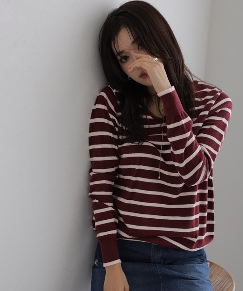 Vネックボーダーニット（ニット/セーター）｜ElegChic（エレグシック）