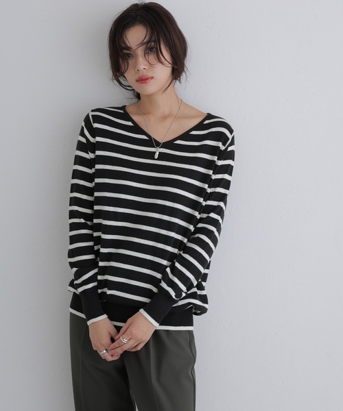 Vネックボーダーニット（ニット/セーター）｜ElegChic（エレグシック）