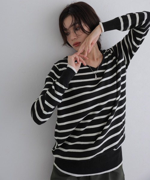 Vネックボーダーニット（ニット/セーター）｜ElegChic（エレグシック）