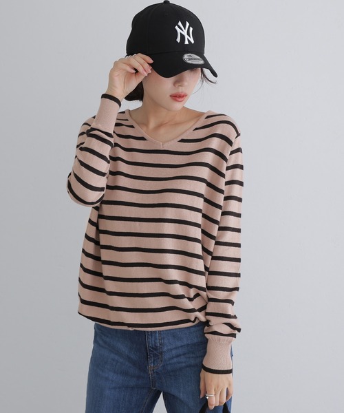 Vネックボーダーニット（ニット/セーター）｜ElegChic（エレグシック）