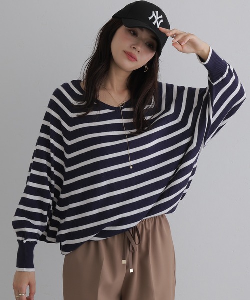 Vネックボーダーニット（ニット/セーター）｜ElegChic（エレグシック）