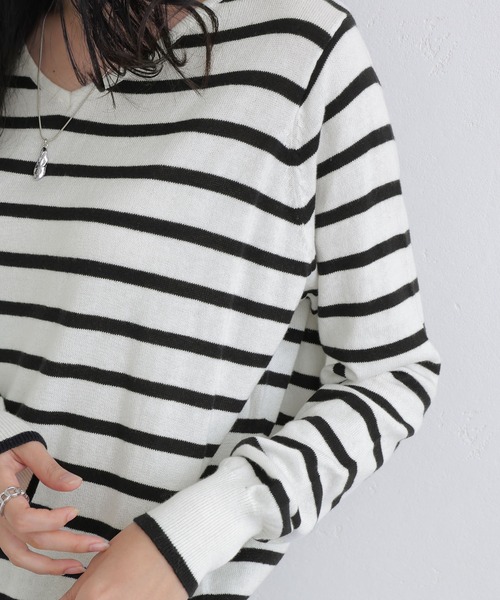 Vネックボーダーニット（ニット/セーター）｜ElegChic（エレグシック）