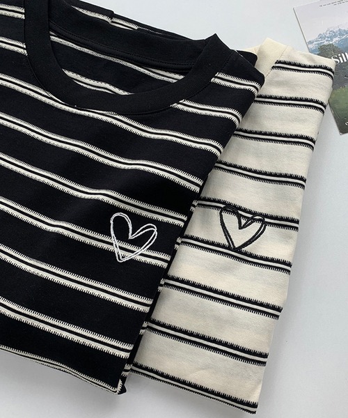 aimoha（アイモハ）の「デザインボーダー　ハート刺繍Tシャツ（Tシャツ/カットソー・レディース・ブラック/ホワイト・FREE）」の9枚目の写真