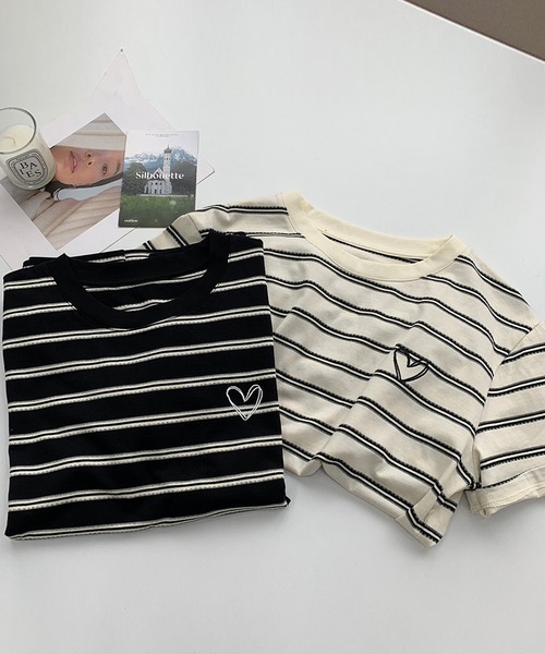 aimoha（アイモハ）の「デザインボーダー　ハート刺繍Tシャツ（Tシャツ/カットソー・レディース・ブラック/ホワイト・FREE）」の10枚目の写真