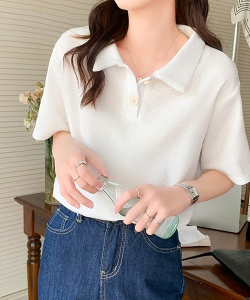Doux Belle（ドゥーベル）の「襟付き半袖ニットシャツ（Tシャツ