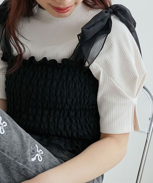 MAJESTIC LEGON（マジェスティックレゴン）の「タックスリーブトップス（Tシャツ/カットソー・レディース・ブラック系その他/ブラック/アイボリー/ピンク・MEDIUM）」の2枚目の写真